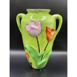 Vintage Hand Painted Trico Green Sponged Double Handle Vase Tulips Nagoya Japan